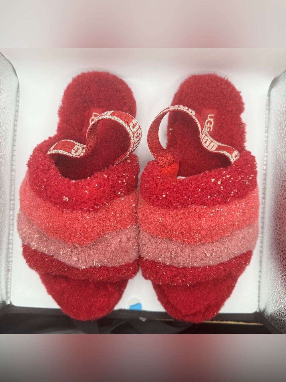 UGG Girls Red and Pink Fuzzy Metallic Gold accents Slide Slippers - Picture 3 of 5